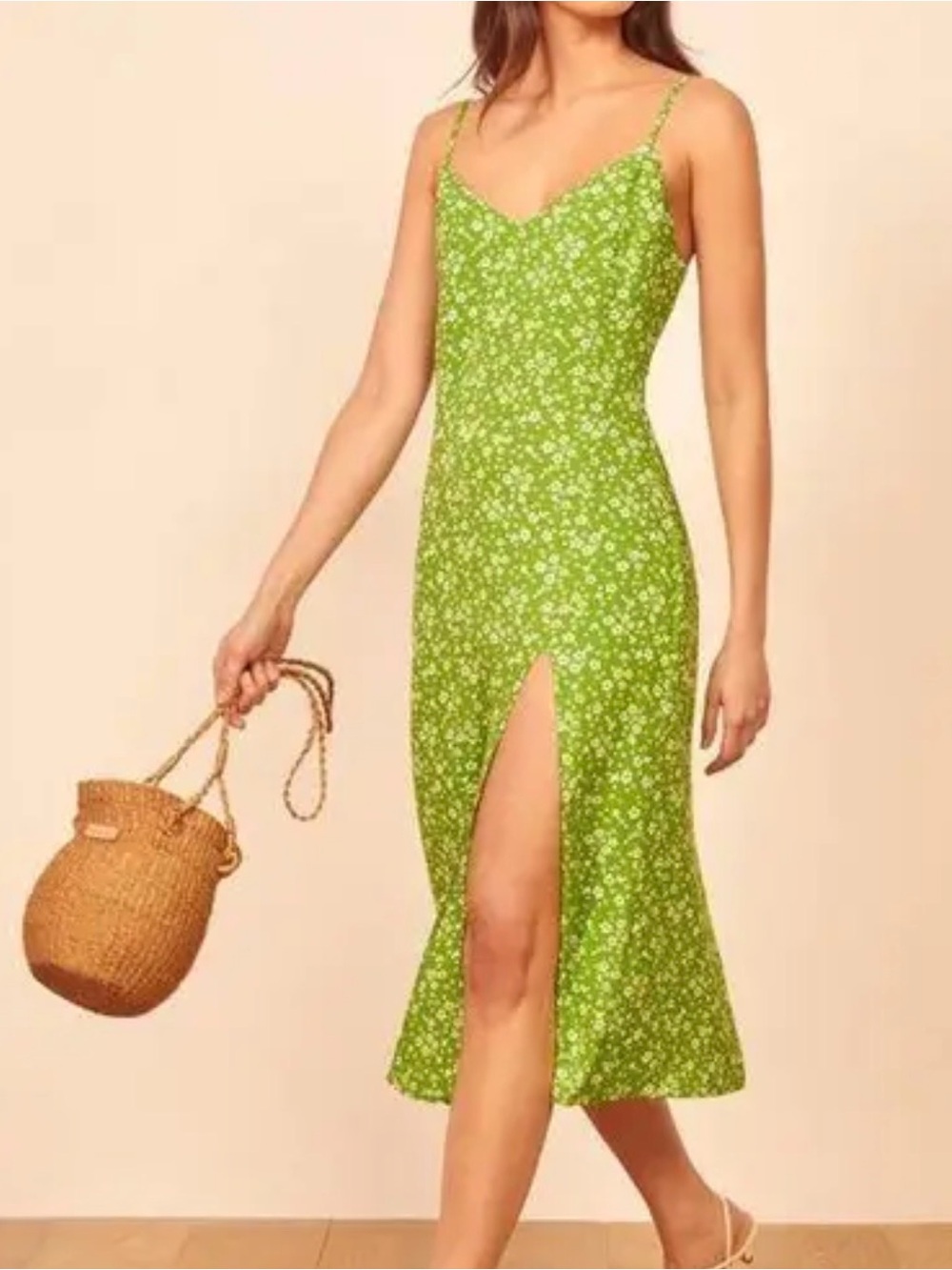 NWT Reformation Lime Green Floral Slip Midi Dress with Front Slit Size 8